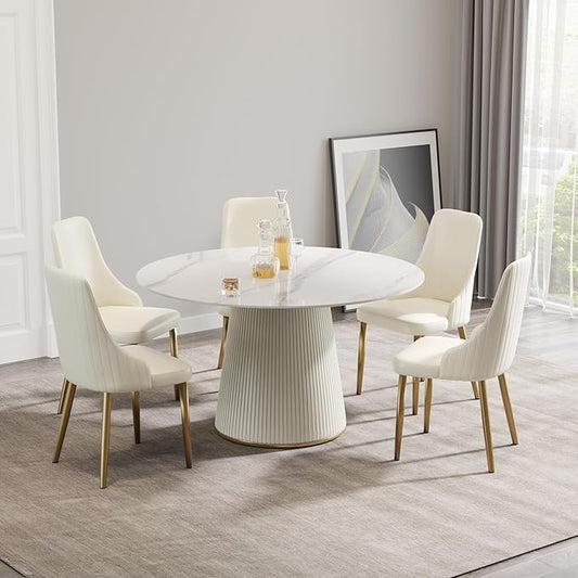Leavader Modern Round Dining Table Set- 53" Sintered Stone Dining Table with Cream White Cylindrical Base, 7-Piece Marble Round Dining Room Set for Kitchen, Restaurant