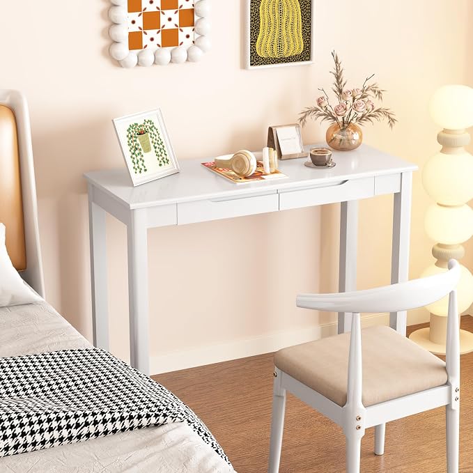 Solid Wooden Desk with Drawers - 39 x 16 Inch Simple Narrow Desks, Rubber Wood Study Table, Small Writing Desk for Bedroom|Small Spaces - White Modern Desks