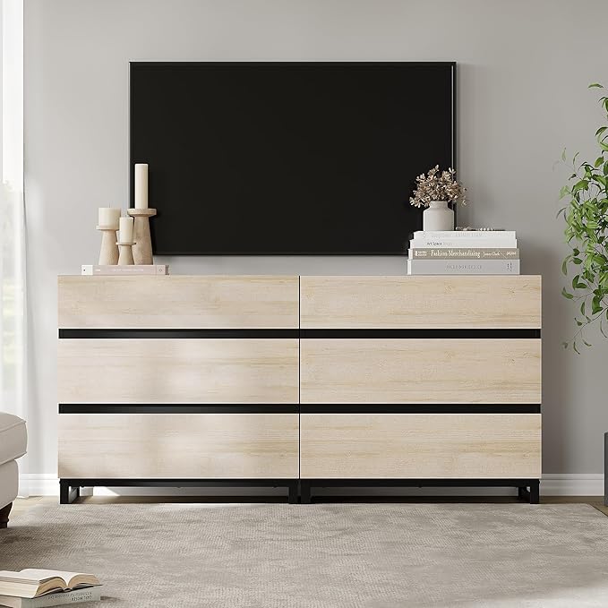 WAMPAT Dresser for Bedroom, Closet Organizers and Storage with 6 Drawers, Chest of Drawers with Metal Base, Modern Wood Dresser for Living Room, Bedroom,Light Oak