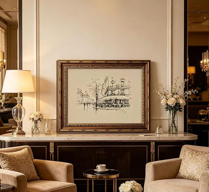 Vintage Gold Framed Black and White Sketch Wall Art French Cafe Sketch Canvas Prints Retro Paris City Landscape Poster Artwork French Bistro Wall Decor for Dining Room Kitchen Urban Decor 9x11in