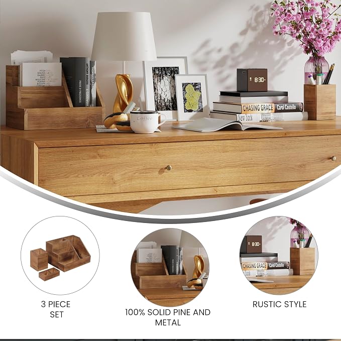 Merrick Lane Ceely 3 Wood Organizer Set - Rustic Brown Solid Pine Wood - For Desktop, Table Top, or Vanity