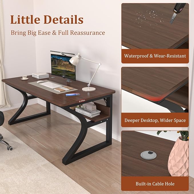 AZN Computer Desk, 55x24 in Computer Desk, Office Desk w/Storage & U-Size Metal Frame for Home Office Bedroom Gaming, Office Desk w/Water-Resistant, Scratchproof Surface, Dark Walnut