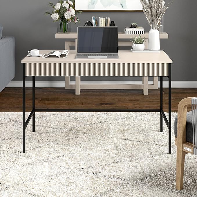 Henn&Hart 48" Fluted Mid-Century Modern Rectangular Wooden Home Office Desk Computer Desk Writing Table with 3 Ribbed Storage Drawers for Bedroom, Living Room, or Home Office, Beech White