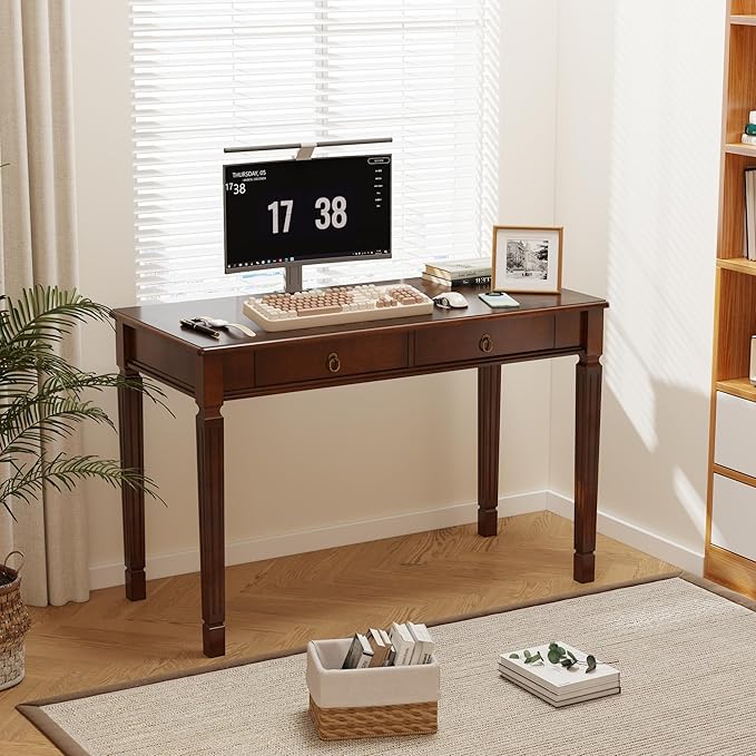 Solid Wood Writing Desk, Home Office Desks with 2 Storage Drawers, 46.1" Mid-Century Modern Walnut Tables, Secretary Desk for Home Office, Easy Assembly Vanity Desk, Study Table Station BSZD1258