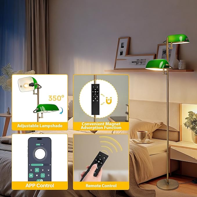 FIRVRE Bankers Floor Lamp for Living Room, Vintage Floor Lamp with Foot Switch,Remote Control Standing Lamp with Glass Lampshade, Antique Green Floor Lamp for Bedroom Office Kid Room