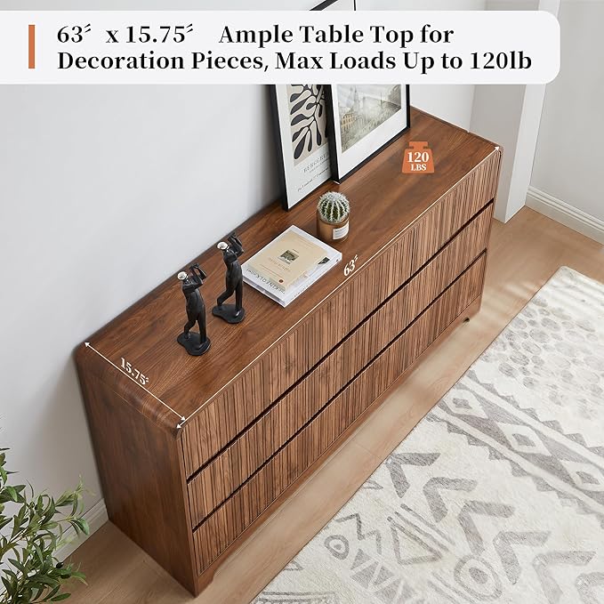 MERRYBERRY Fluted Dresser for Bedroom with 9 Drawers,63" Wide Modern Chest of Drawers with Curved Profile & Deep Drawer,Large Wood TV Dresser for Bedroom Living Room