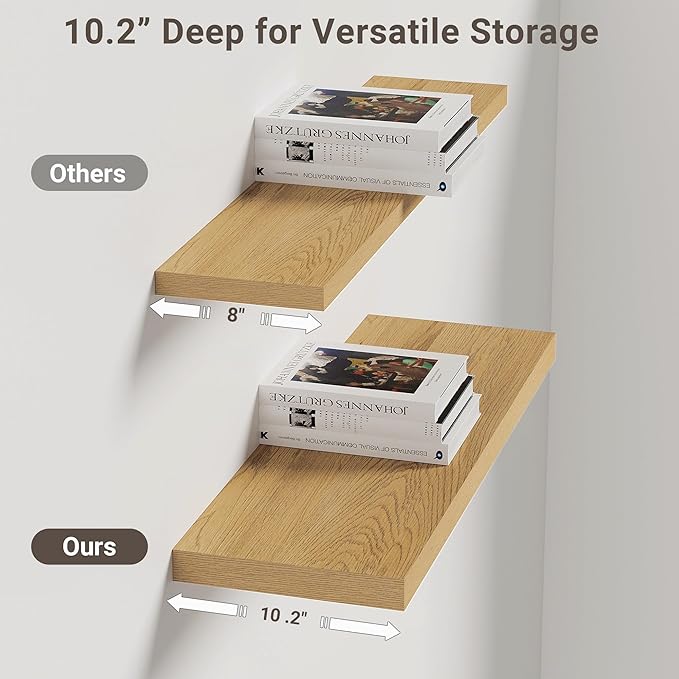 Vivelove 10" Deep Floating Shelves Over Toilet, 24" Wall Shelves for Bathroom Bedroom Kitchen Living Room Laundry Room, Modern Rustic Shelves for Home Decor, 24"x10.2"x1.5", Set of 2, Oak