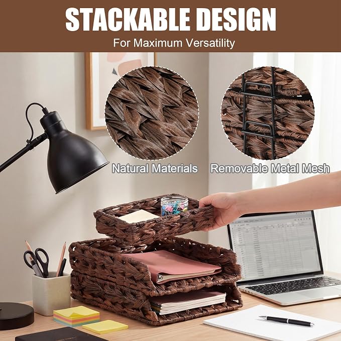Geelin 3 Pack Water Hyacinth Woven Stackable Desk Organizer Letter Tray, Brown Tabletop Desk Basket for Storage Paper Letter Folders Notebooks Copy Print, Workspace Holder
