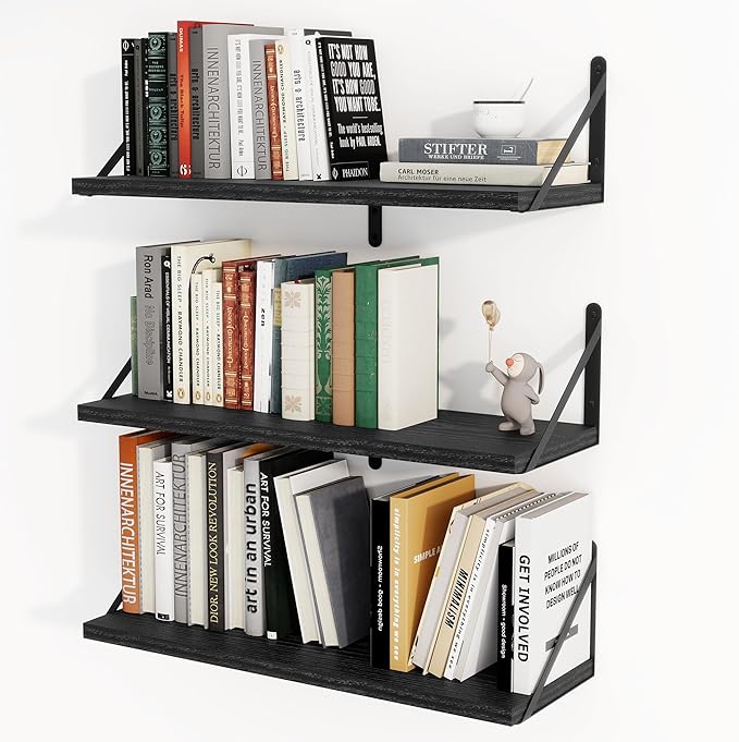 Heimlove Floating Book Shelves for Wall,23.6 Inches Wall Bookshelf Mounted Display&Storage Wood Shelves for Kitchen Bathroom Laundry Living Room,Set of 3,Black