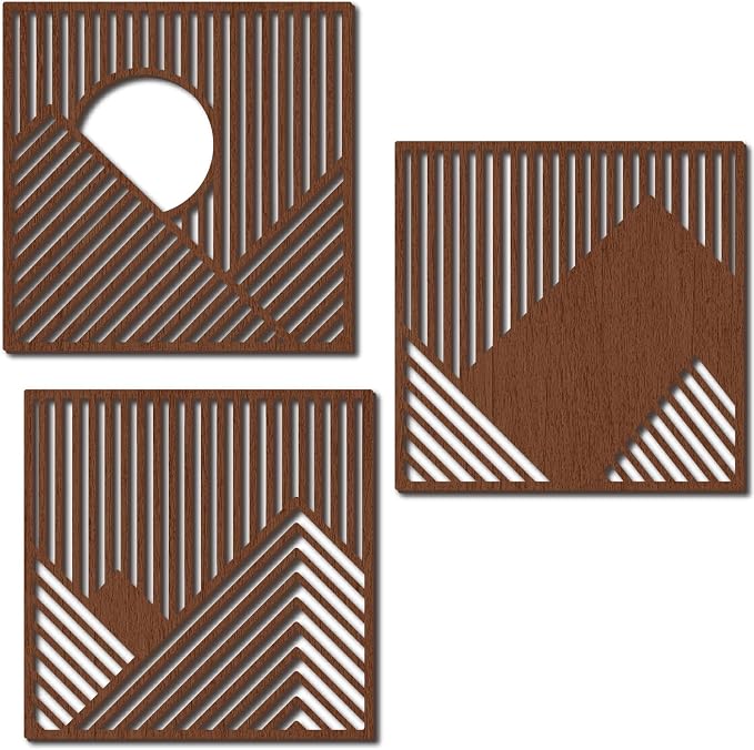CREATCABIN 3Pcs Wood Line Wall Decor Wooden Geometric Wall Art Decoration Hanging Set Hollowing Out Artwork Modern Mountains Sculpture Laser Cut Wooden Sign Ornament for Home Bedroom 11x11Inch-Coffee