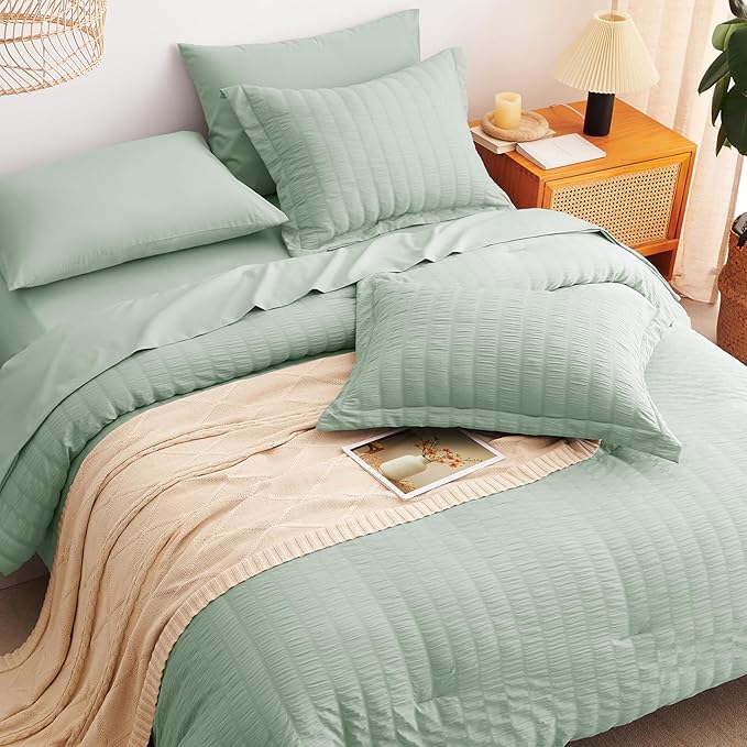 CozyLux California King Comforter Set with Sheets 7 Pieces Light Blue Seersucker Bed in a Bag, Cal King All Season Bedding Set with Down Alternative Comforter, Sheets, Pillowcases & Shams, Home Gift