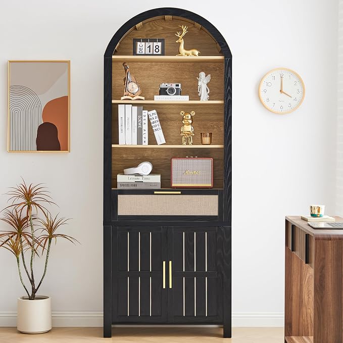 81" Tall Arched Bookcase, 4 Tiers Arch Bookshelf with Doors Storage and Drawer, Modern Farmhouse Book Shelf with Adjustable Shelves, Wood Bookshelf w/Open Display for Living Room, (Black/Natural, 2PC)
