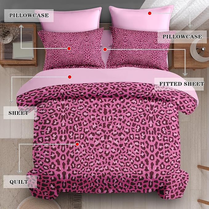 5Pcs Comforter Set Twin Size, Pink Leopard Cheetah Print, Bedding Decor Wildlife Animal Skin Bedroom Bed Set Flat Sheet Fitted Sheet Pillowcases Shams for Kids Adults