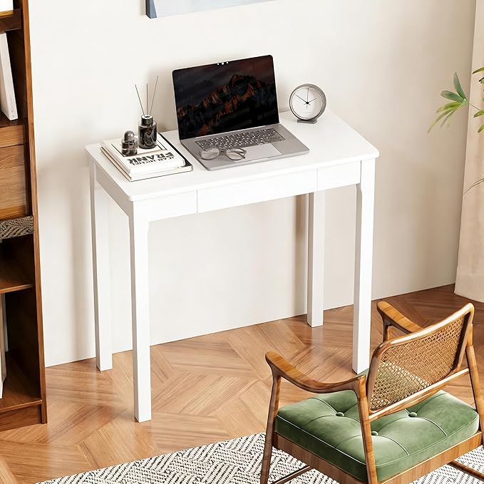 Solid Wooden Desk with Drawers - 32 x 16 Inch Narrow Desks for Small Spaces, Rubberwood Simple Study Table, Small Writing Desk for Bedroom - Modern White Desks