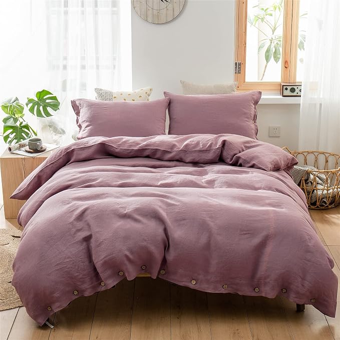 Simple&Opulence 100% Linen Duvet Cover Set 3pcs with Coconut Button Closure Natural French Washed Flax Solid Color Soft Breathable Farmhouse Bedding - Purple, Full Size