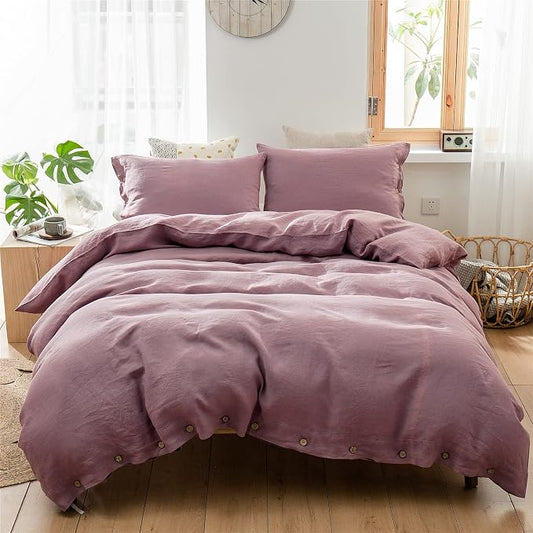 Simple&Opulence 100% Linen Duvet Cover Set 3pcs with Coconut Button Closure Natural French Washed Flax Solid Color Soft Breathable Farmhouse Bedding - Purple, Full Size