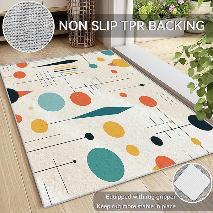 Mid Century Rugs for Living Room 8x10, Retro 50s Geometric Modern Abstract Colorful Pattern Design Area Rug, Mid Century Bedroom Decor Carpet, Non Slip, Washable (RG541)