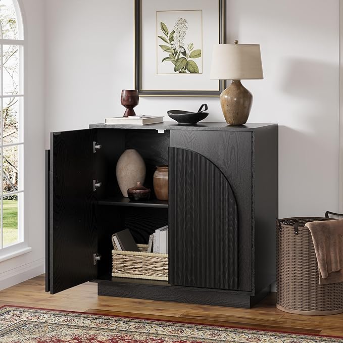 win2win Fluted Sideboard Buffet Cabinet with Storage, 31.5" Modern Accent Cabinet with Double-Layered Arch Doors, Small Wood Console Credenza for Living Room, Dining Room, Entryway, Black, 2PCS