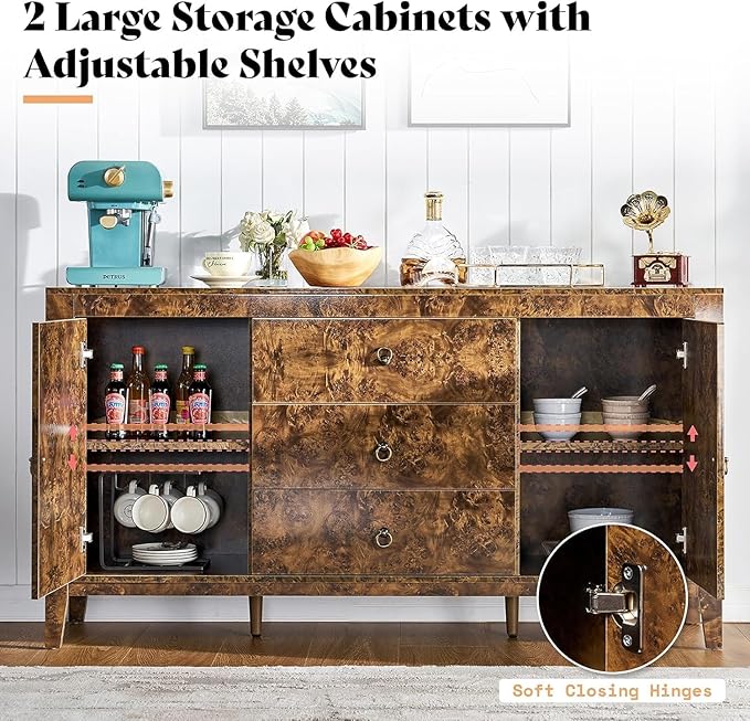 AMERLIFE 60" Large High Gloss Burl Buffet Sideboard Cabinet, Wood Sideboard Storage Cabinet with Drawers, Retro Handles, Heavy Duty Coffee Wine Bar Buffet Table for Dining Room, Living Room, Brown
