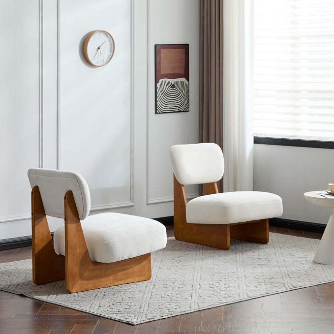 Accent Chairs Set of 2, Mid-Century Modern Chair with Polyester Upholstery, Wood Base With Walnut Finish, Minimalist and Stylish Accent Seating for Living Room, Bedroom, Balcony (Beige+Natural)