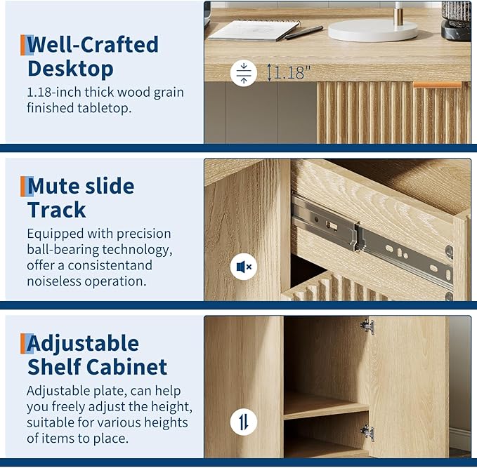 Garvee 60" Fluted Executive Desk with Drawer, Wood Fluted Computer Desks with Storage Cabinet, Home Office Desk Workstation, Farmhouse Desks for Living Room, Bedroom, Natural Oak