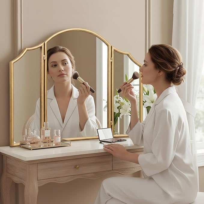 Besdomus Gold Scalloped Vanity Mirror: 36"x24" Large Modern Three Sided Dresser Miror - Minimalist Wood Frame 3 Way Trifold for Bedroom/Cloakroom/Dressing Room - Home Decor for Housewife