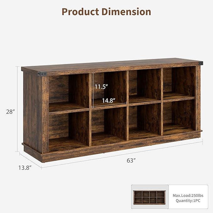 GarveeHome 8 Cube Storage Organizer Bookshelf, 3 Tier Farmhouse Horizontal Bookcase, 62 in Wood Storage Bookcase for Entryway, Long Low Bookshelves for Living Room-Retro Brown