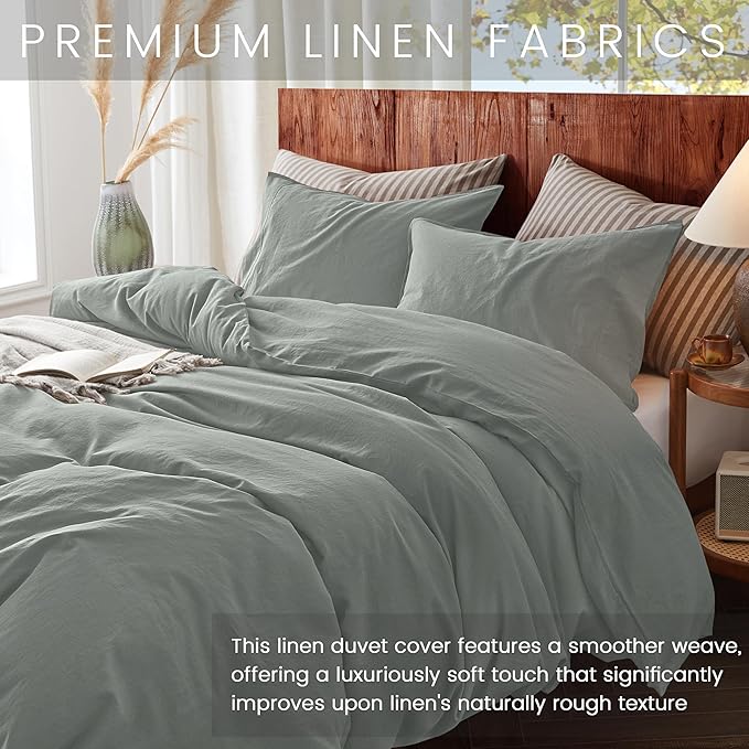 2Pcs Organic Linen Duvet Cover Twin Size, 100% French Linen from Normandy, Soft & Durable Earl Gray Bedding Set Comforter Cover with 1 Pillowcases, 1 Duvet Cover with Zipper