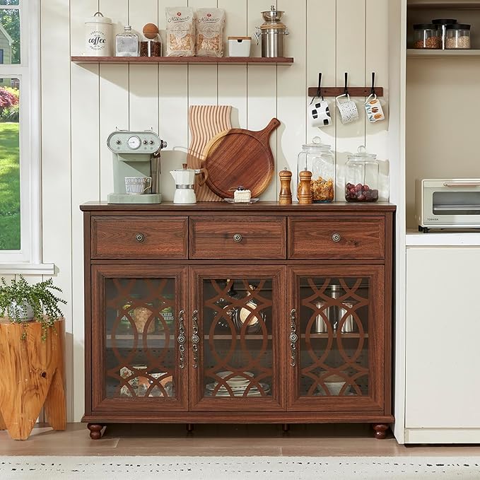 Farmhouse Sideboard Buffet Cabinet Set of 2 with Storage,48" Large Credenza with 3 Glass Doors & 3 Drawers,Adjustable Shelves Console Table,Wood Kitchen Coffee Bar for Dining Room,Brown