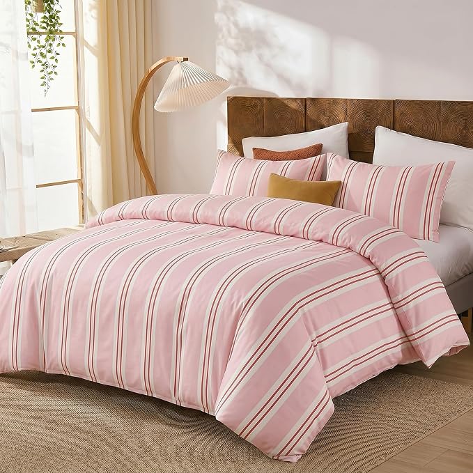 Merryword Striped Duvet Cover Set Queen Size - 100% Cotton Duvet Cover Set, Pink Ribbon Stripes Pattern Comforter Cover 3 Pieces, Soft Linen Like Bedding Set for All Seasons