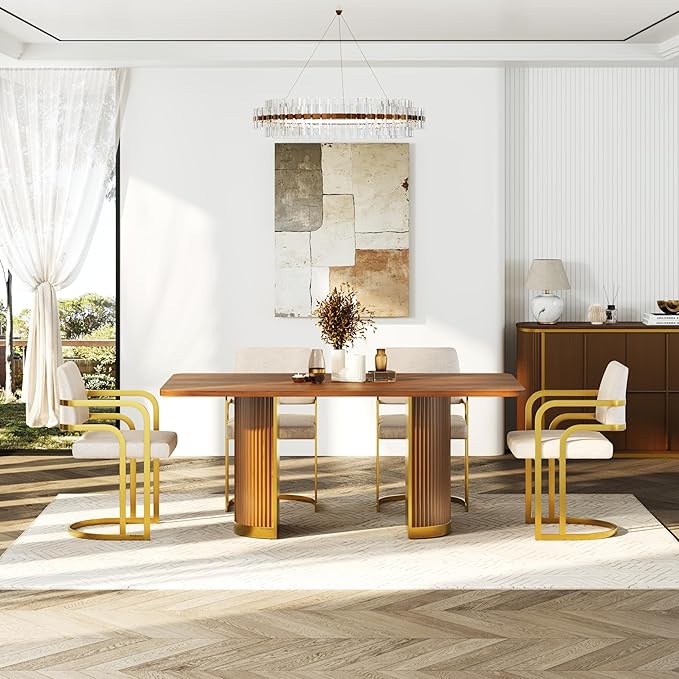 AUZ 70" Mid-Century Modern Dining Table for 4-6, Wood Kitchen Table with Fluted Pedestal Base and Brushed Gold Accents, Large Rectangular Farmhouse Dinner Table, Walnut(Table Only)