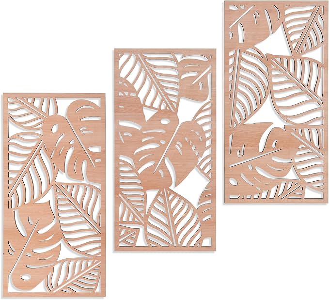 Tropical Decor 3D Wood Wall Art Set of 3, Carved Palm Tree Coastal Wall Decor, Hawaiian Wooden Wall Art for Bedroom, Bathroom, Living Room (Palm Leaf Cutout - 15.7 x 7.87 inch)