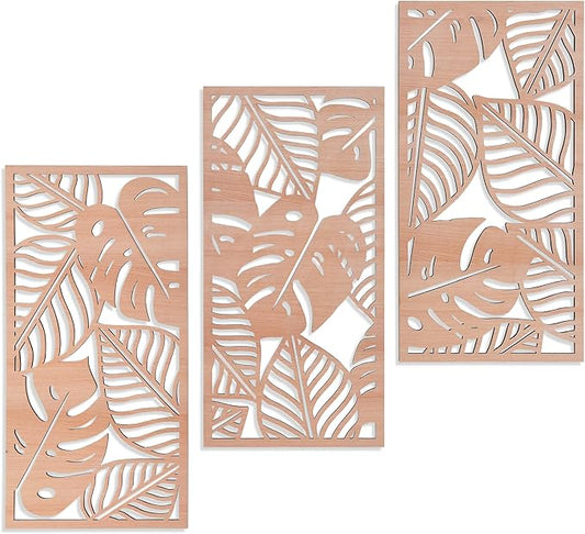 Tropical Decor 3D Wood Wall Art Set of 3, Carved Palm Tree Coastal Wall Decor, Hawaiian Wooden Wall Art for Bedroom, Bathroom, Living Room (Palm Leaf Cutout - 15.7 x 7.87 inch)