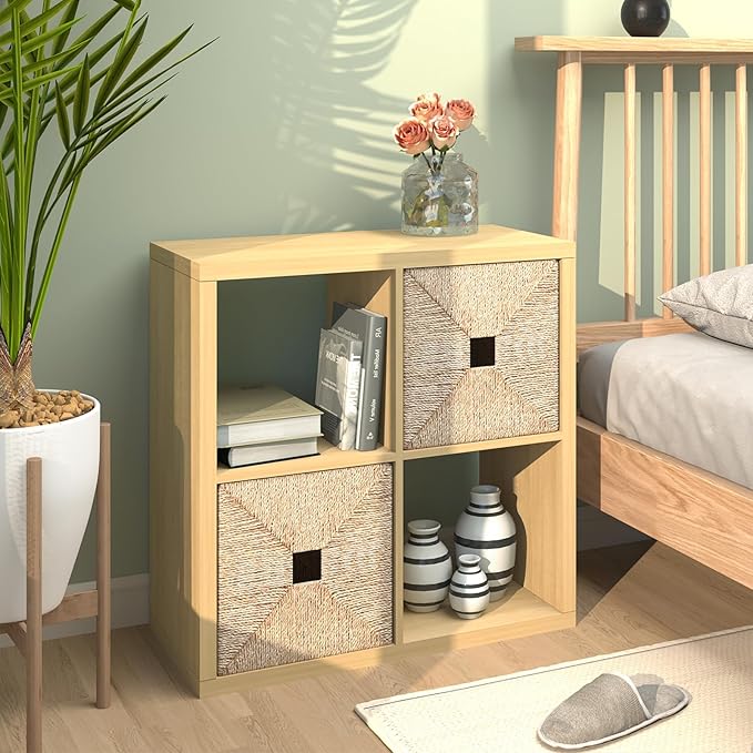 CTESNE【2026 Wooden Thick Frame 4 Cube Storage Organizer Shelf with Anti-Tipping Kits + Reversible Open Back Bookcase, Horizontal and Vertical Dual-use（Oak Color,11inch）