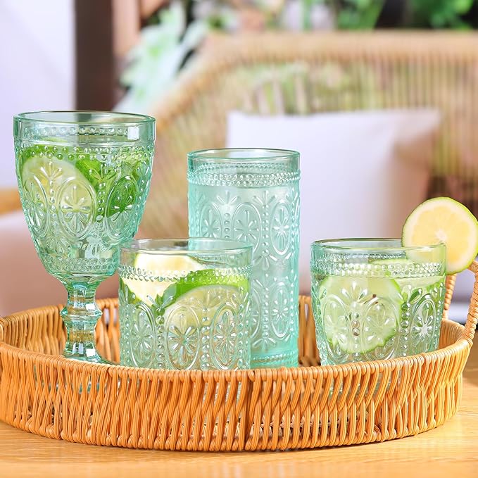 Glassware set of 4, Vintage Drinking Glasses, 10oz Heavy Duty Glass Cups, Colored Glassware Set, Embossed Glasses Set for Party Wedding Home Office Glassesware Gift