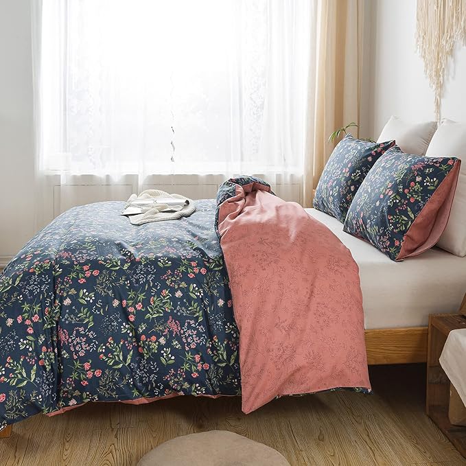 HoneiLife Queen Duvet Cover Set - 100% Cotton Floral Duvet Cover Sets,Soft & Breathable with Zipper Closure & Corner Ties,3pcs Wildflower Comforter Cover Sets- Flower Sea