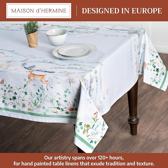 Maison d' Hermine Table Cloth Square Table 100% Cotton 60 x 60 Inches Fall Tablecloth Reusable Everyday Use for Thanksgiving Christmas Decorations Dining Farmhouse Party (Snowy World)