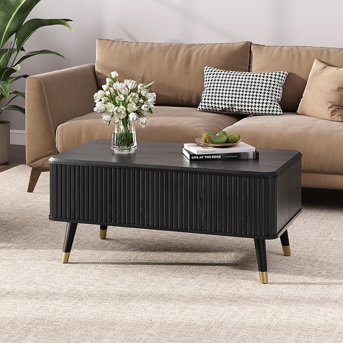 Lift Top Coffee Table with Storage, Mid Century Modern Rectangular Center Table, Fluted Design with Hidden Compartment, Rising Desk for Work from Home, Living Room Furniture, Black Finish