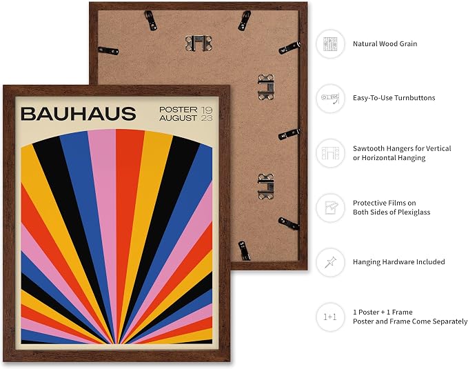 Poster Master Bauhaus Poster - Rainbow Sun Rays Print - Geometric - Abstract Art- Graphic Design - Chic Boho - Mid Century Modern Art - 11x14 Brown Framed
