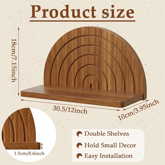 AceOrbit 2 Pcs Boho Wooden Arched Wall Shelf Mid Century Modern Shelf Hanging Plant Display Shelves Floating Half Round Rainbow Shelves for Bedroom Bathroom Hallway Balcony Decoration (Dark Brown)