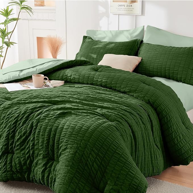 HYMOKEGE Dark Green/Sage Green Twin Comforter Set Seersucker 5 Pieces, All Season Luxury Bed in a Bag for Bedroom, Bedding Set with Comforter, Sheets, Pillowcase & Sham