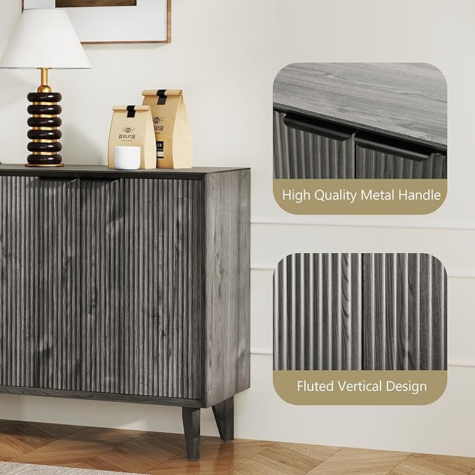 Fluted Cabinet with Storage, Buffet Storage with 4 Doors, Buffet Sideboard Accent Cabinet with Adjustable Shelves for Living Room, Kitchen, Entry, Hallway, Black&Grey