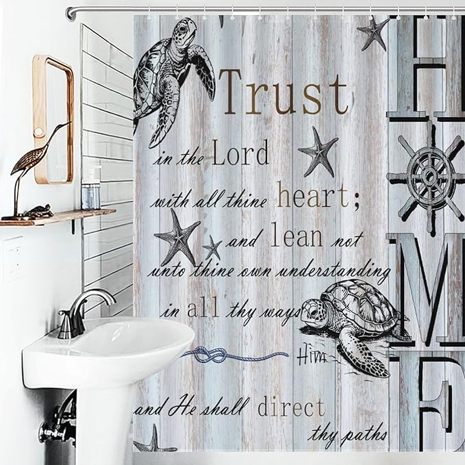 Inspirational Quote Navigation Shower Curtain Starfish Sea Turtle Rudder Home Waterproof Shower Curtains for Bathroom Decor 12 Pack Hooks 55x72in（140x183cm）