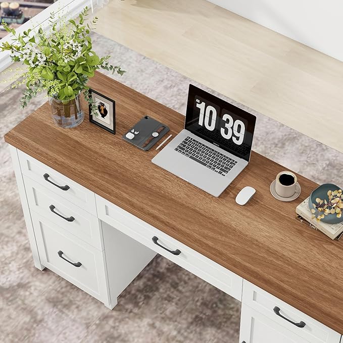 Vabches Farmhouse 61'' Executive Desk with 5 Drawers, Rustic Office Desk Computer Table with File Drawers and Storage Cabinet, Wood Workstation for Study and Home Office,(Unique White)