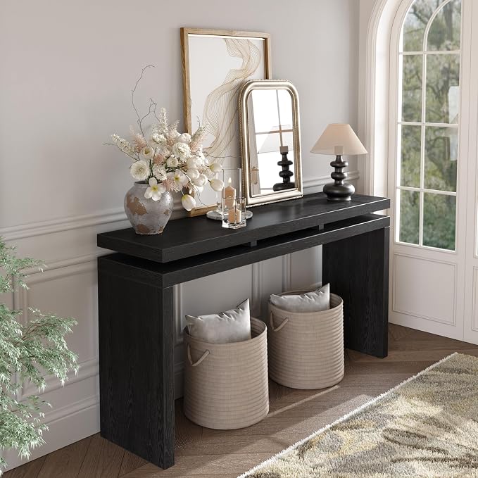 Wood Console Table, 60" Retro Narrow Long Sofa Table Behind Couch with Double Board Suspension Design and Solid Wood Finish for Hallway Entryway Living Room Entrance, Black