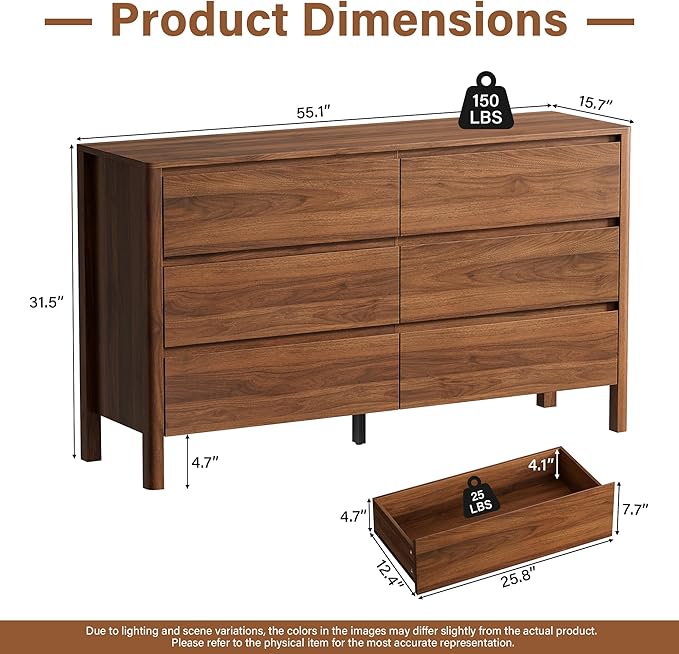 55" Mid-Century Modern Dresser for Bedroom, 6 Drawer Wide Chest of Drawers with Solid Wood Legs, Large Storage Bedroom Dresser, Walnut