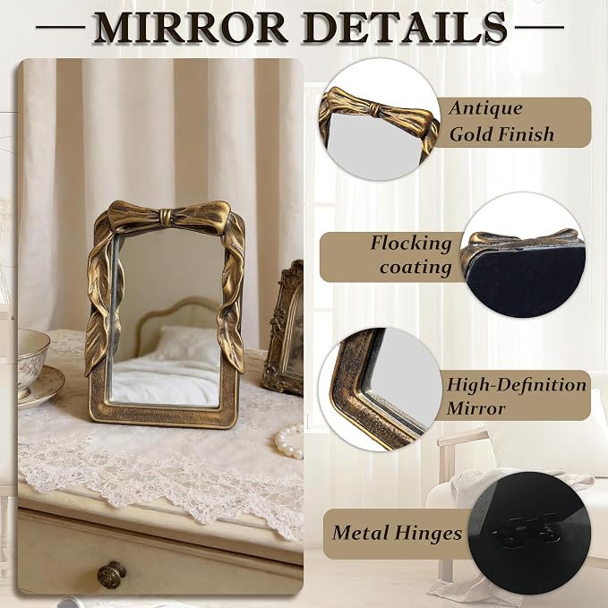 Vintage Rectangular Vanity Desk Mirror - 8x6Inch Wall-Mounted & Tabletop Decorative Ornate Gold Accent Retro Makeup Mirror for Bedroom Dresser Living Room Bathroom Dorm Champagne Gold