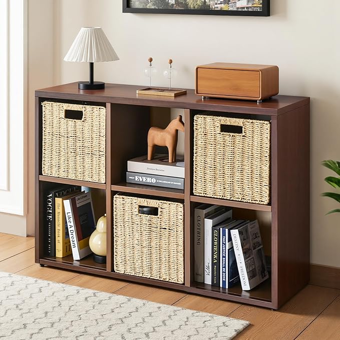 IRONMIX Metal 6 Cube Storage Organizer, Modern Short Bookshelf, 2 Tier Horizontal Bookshelf Cube Shelf, TV Stand with Storage, Cabinet Display Case for Home Office Library (Dark Wooden, 1037-2 Set)