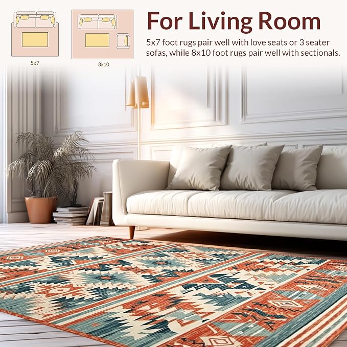 Flatwoven High Traffic Area Rug 6x9, Dynamic Tribal Inspired Design with Bold Shapes and Color Contrast, Non Slip, Stain Resistant, Washable Area Rugs for Living Room, Bedroom (Red, 6x9)