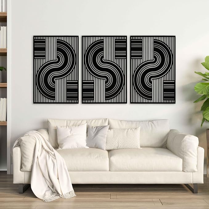 Dining Room Wall Art with Modern Geometric Wood Decor, Mid Century Abstract Line and Curve Wooden Panels, Boho Room Decor Aesthetic for Living Room and Bedroom